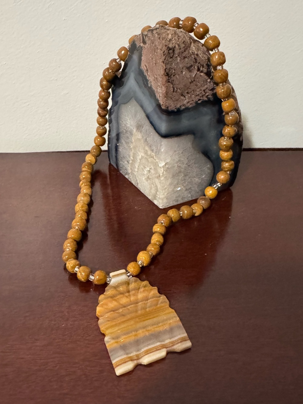 Vintage Handcrafted Native American Yellow Banded Onyx Pendant & Bead Necklace